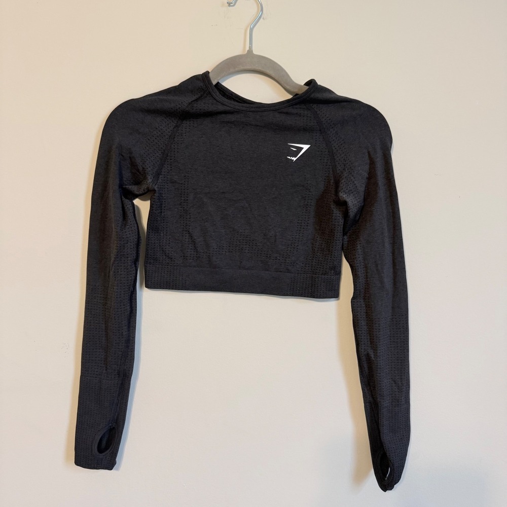 Gymshark Vital Seamless Long Sleeve Crop Top Black Marl Thumbholes Workout XS